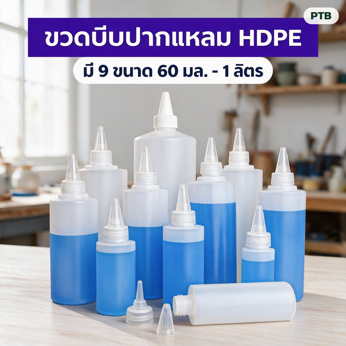 เลือกขนาดขวดบีบปากแหลมให้ตรงงาน 60 มล. ถึง 1 ลิตร ของหนืดใช้ขวดเล็ก ของใสใช้ขวดใหญ่