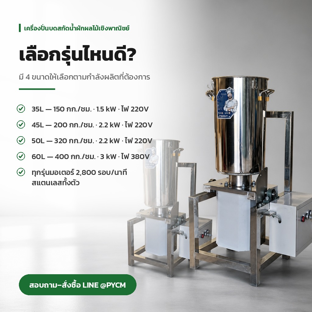 วิธีเลือกเครื่องปั่นบดสกัดน้ำผักผลไม้เชิงพาณิชย์ ให้เหมาะกับหน้างาน (35L–60L)