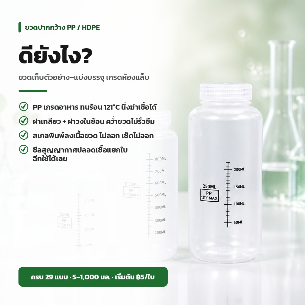 ขวดเก็บตัวอย่างเลือกยังไง PP กับ HDPE ต่างกันตรงไหน และทำไมต้องปากกว้าง