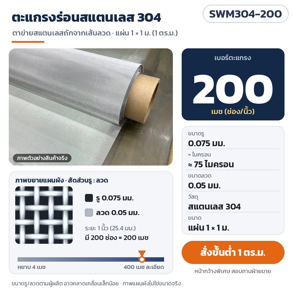 SWM304-200 ตะแกรงร่อนสแตนเลส 304 ตาข่ายถัก 200 เมช รู 0.075 มม. (≈75 ไมครอน) ลวด 0.05 มม. แผ่น 1×1 ม. สั่งขั้นต่ำ 1 ตร.ม.