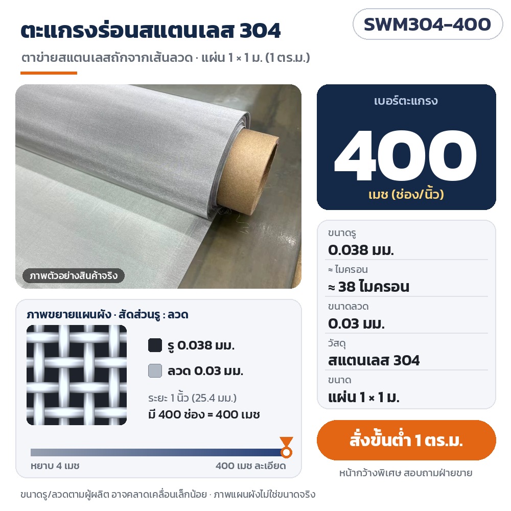 SWM304-400 ตะแกรงร่อนสแตนเลส 304 ตาข่ายถัก 400 เมช รู 0.038 มม. (≈38 ไมครอน) ลวด 0.03 มม. แผ่น 1×1 ม. สั่งขั้นต่ำ 1 ตร.ม.