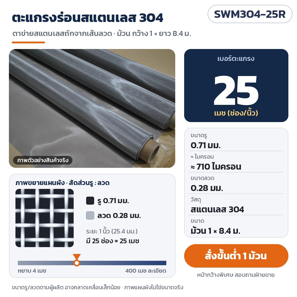 SWM304-25R ตะแกรงร่อนสแตนเลส 304 ตาข่ายถัก 25 เมช รู 0.71 มม. (≈710 ไมครอน) ลวด 0.28 มม. ม้วน กว้าง 1 × ยาว 8.4 ม. สั่งขั้นต่ำ 1 ม้วน