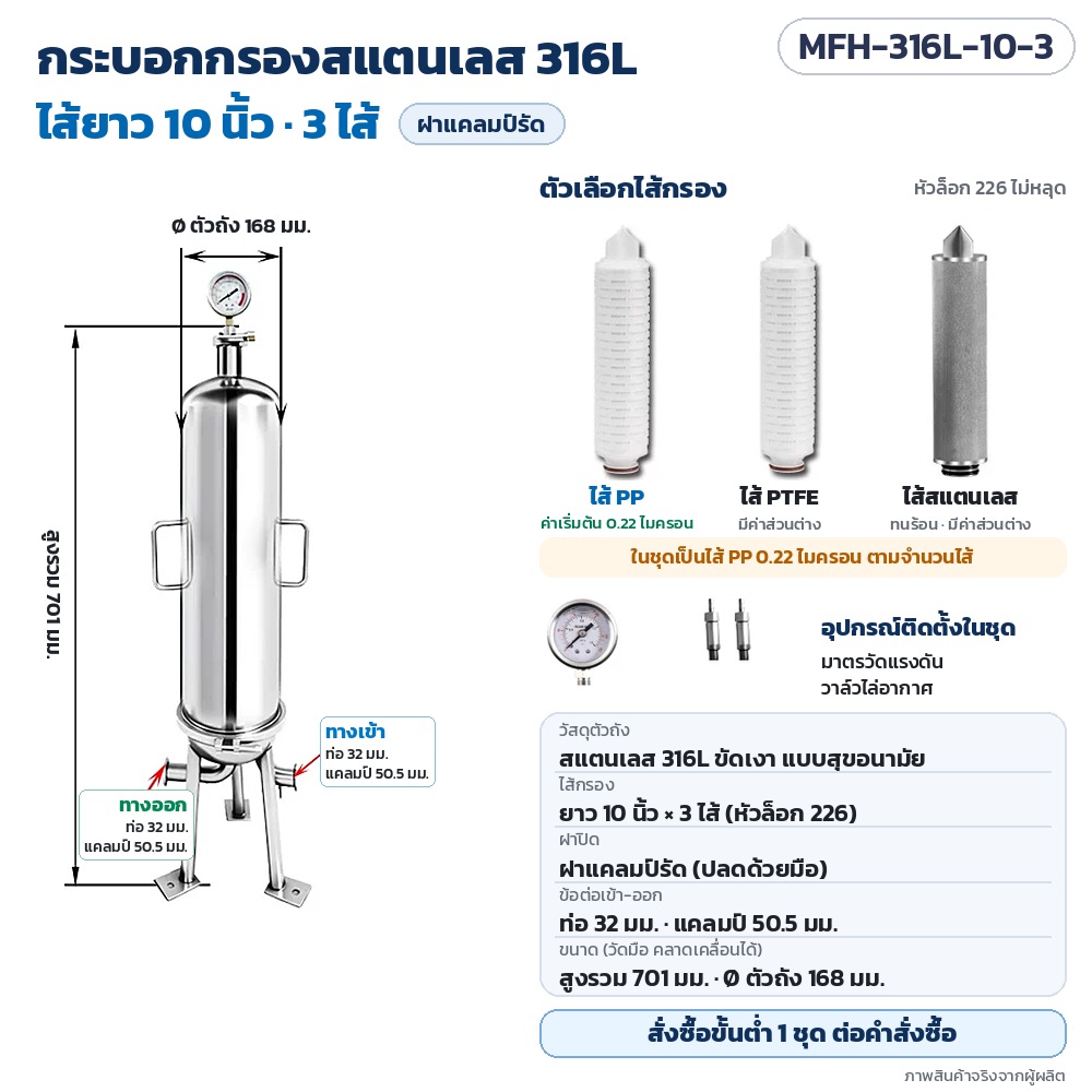 เลือกเครื่องกรองไมโครเมมเบรนสแตนเลสให้ตรงงาน 304 หรือ 316L ไส้ยาวเท่าไร กี่ไส้ ความละเอียด และข้อต่อ รุ่น MFH