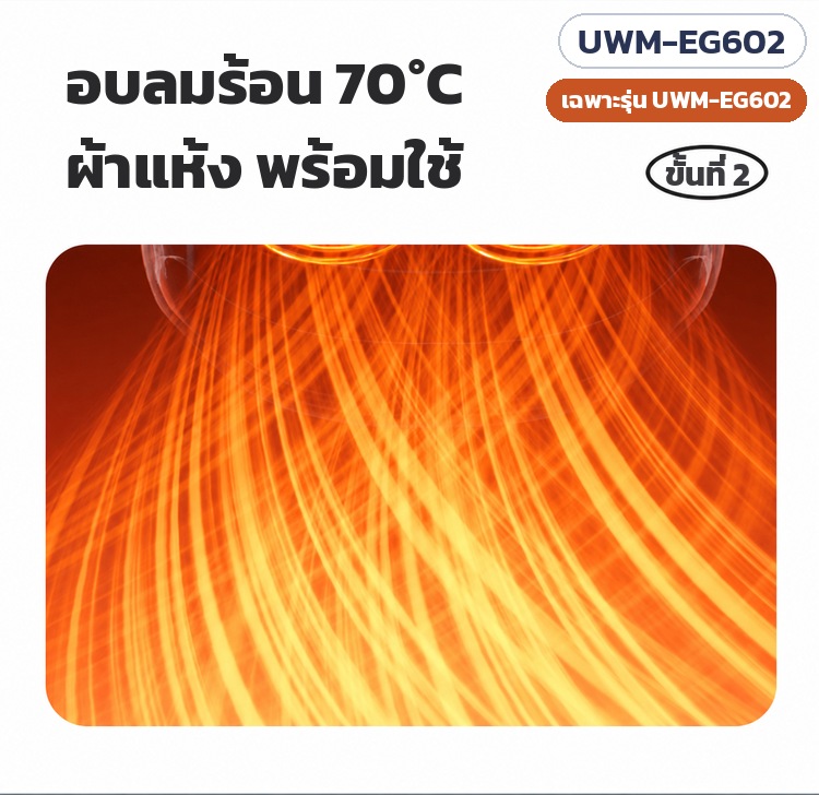เฉพาะรุ่น UWM-EG602: อบลมร้อน 70°C ผ้าแห้ง พร้อมใช้