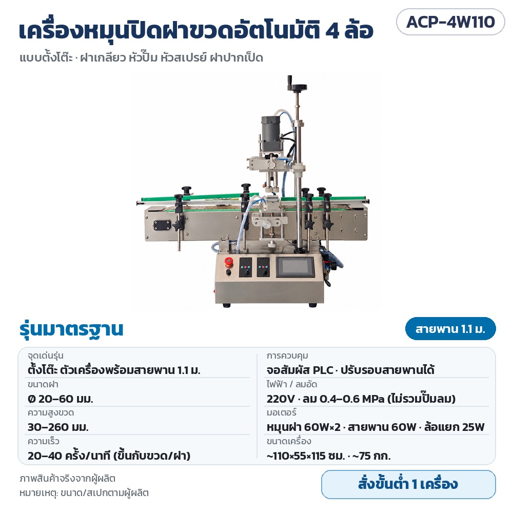 ACP-4W110 เครื่องหมุนปิดฝาขวดอัตโนมัติ 4 ล้อ ตั้งโต๊ะ รุ่นมาตรฐาน สายพาน 1.1 ม. ฝา 20–60 มม. ขวดสูง 30–260 มม. 20–40 ครั้ง/นาที จอสัมผัส PLC 220V + ลม · สั่งขั้นต่ำ 1 เครื่อง