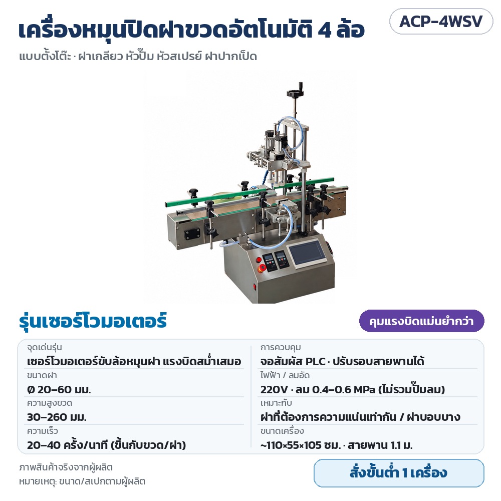 ACP-4WSV เครื่องหมุนปิดฝาขวดอัตโนมัติ 4 ล้อ ตั้งโต๊ะ รุ่นเซอร์โวมอเตอร์ คุมแรงบิดแม่นยำกว่า ฝา 20–60 มม. ขวดสูง 30–260 มม. จอสัมผัส PLC · สั่งขั้นต่ำ 1 เครื่อง