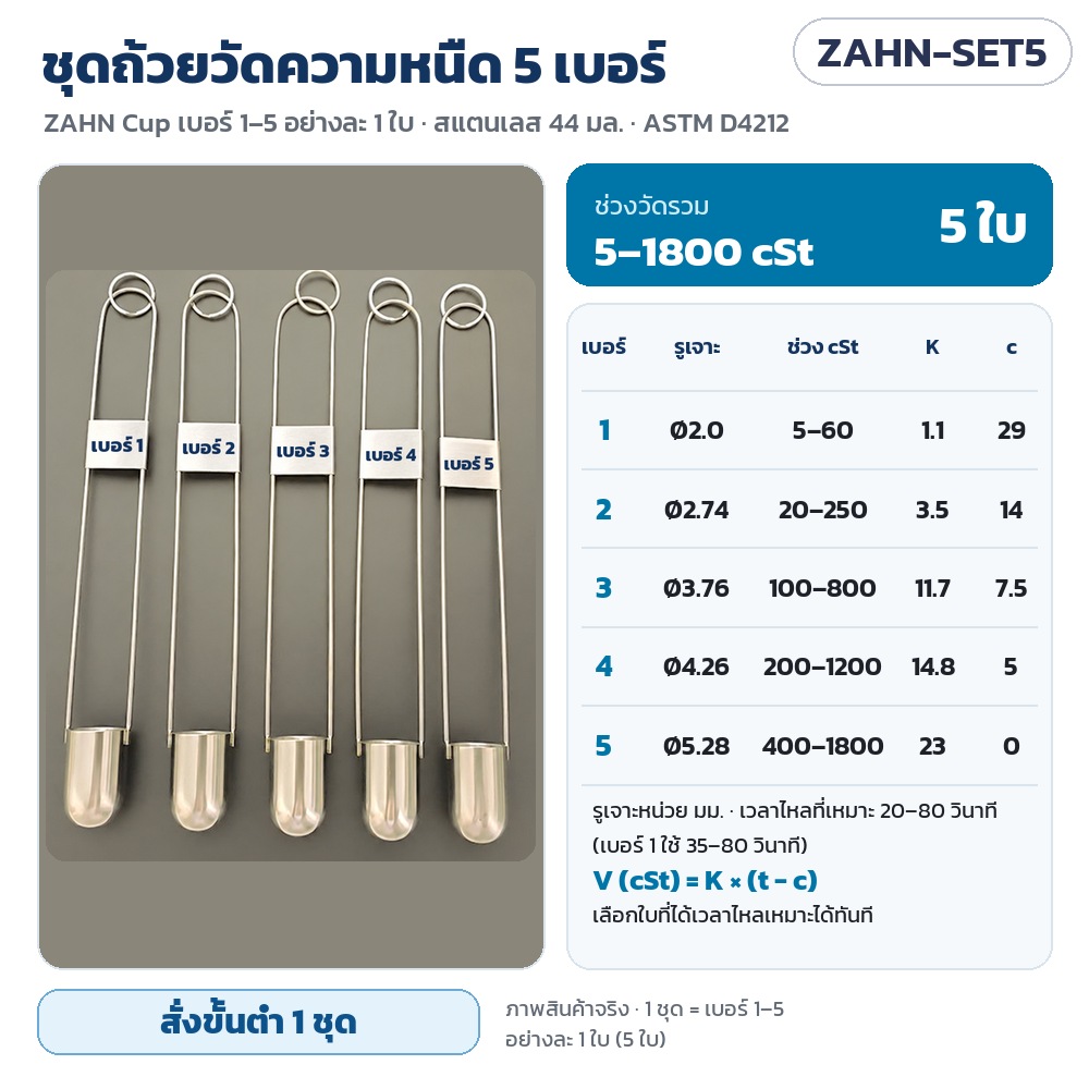 ZAHN-SET5 ชุดถ้วยวัดความหนืดแบบจุ่ม ZAHN Cup ครบ 5 เบอร์ (เบอร์ 1–5 อย่างละ 1 ใบ) ช่วงวัดรวม 5–1800 cSt พร้อมตารางรูเจาะ K c · สั่งขั้นต่ำ 1 ชุด
